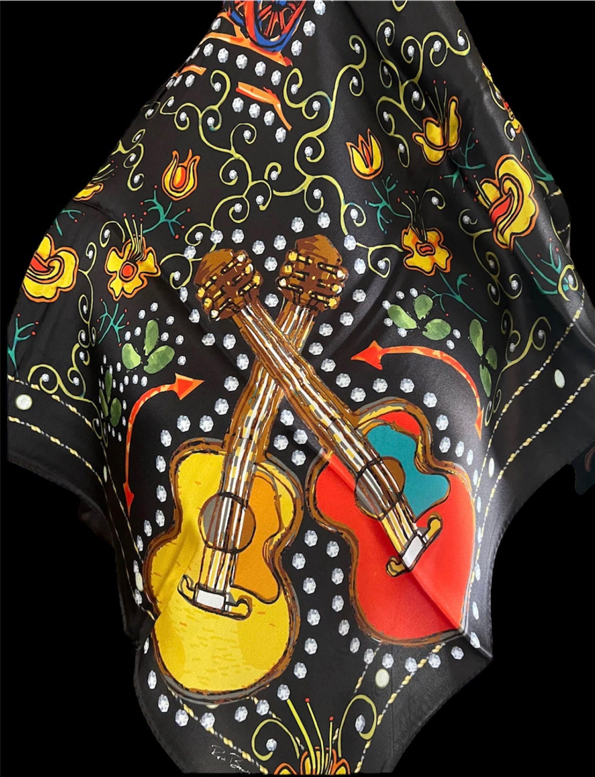 Silk Scarf Wild Rag Black Guitar