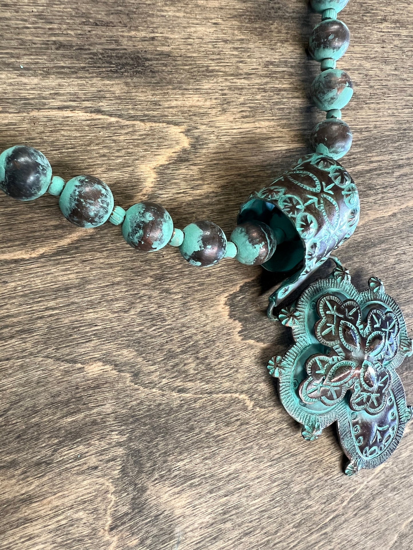 Patina Copper Beaded Cross Necklace