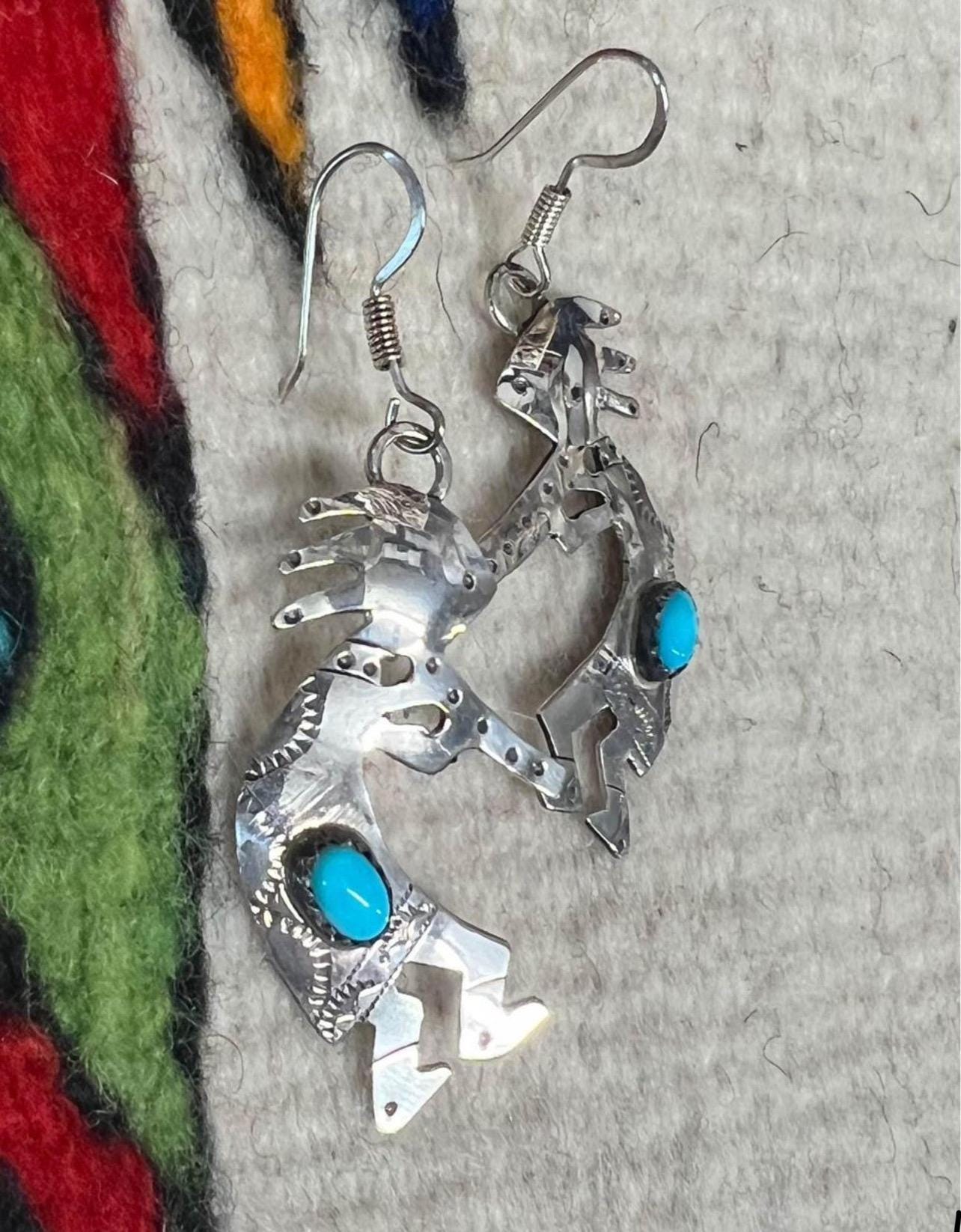 Sterling Silver & Turquoise Navajo Made Kokopelli Earrings