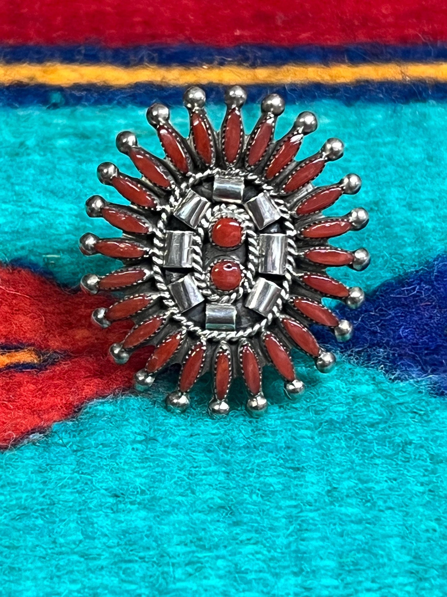 Zuni Coral Needlepoint Ring size 9