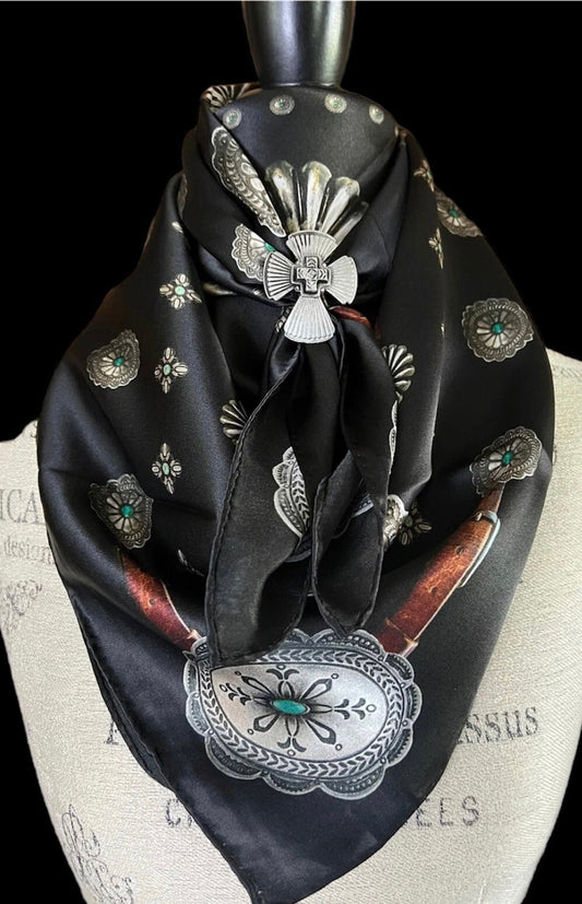 Silk Scarf Wild Rag Black Concho