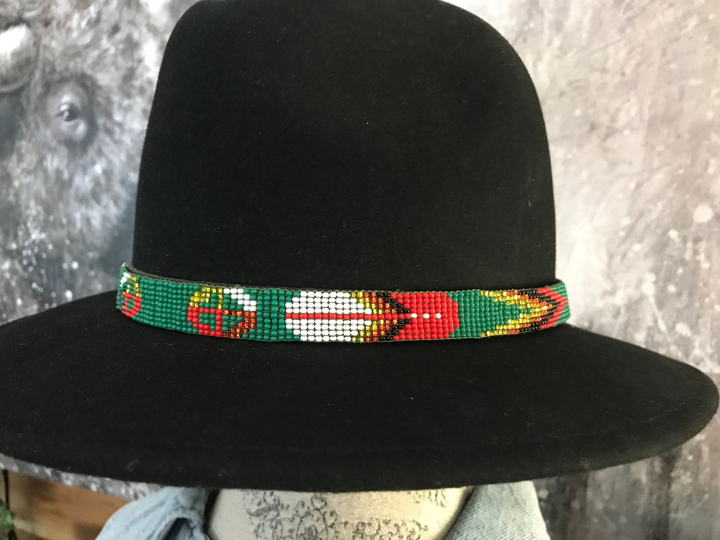 Hand Beaded hat Band Green / Red