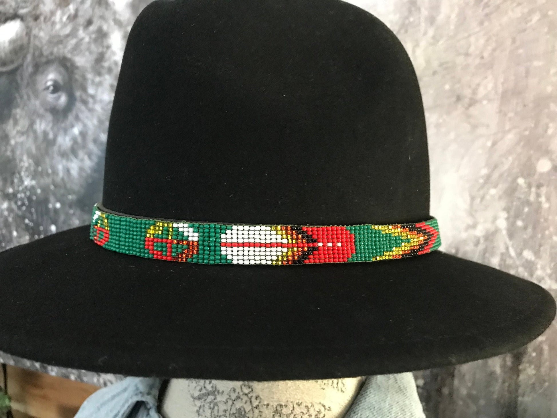 Hand Beaded hat Band Green / Red