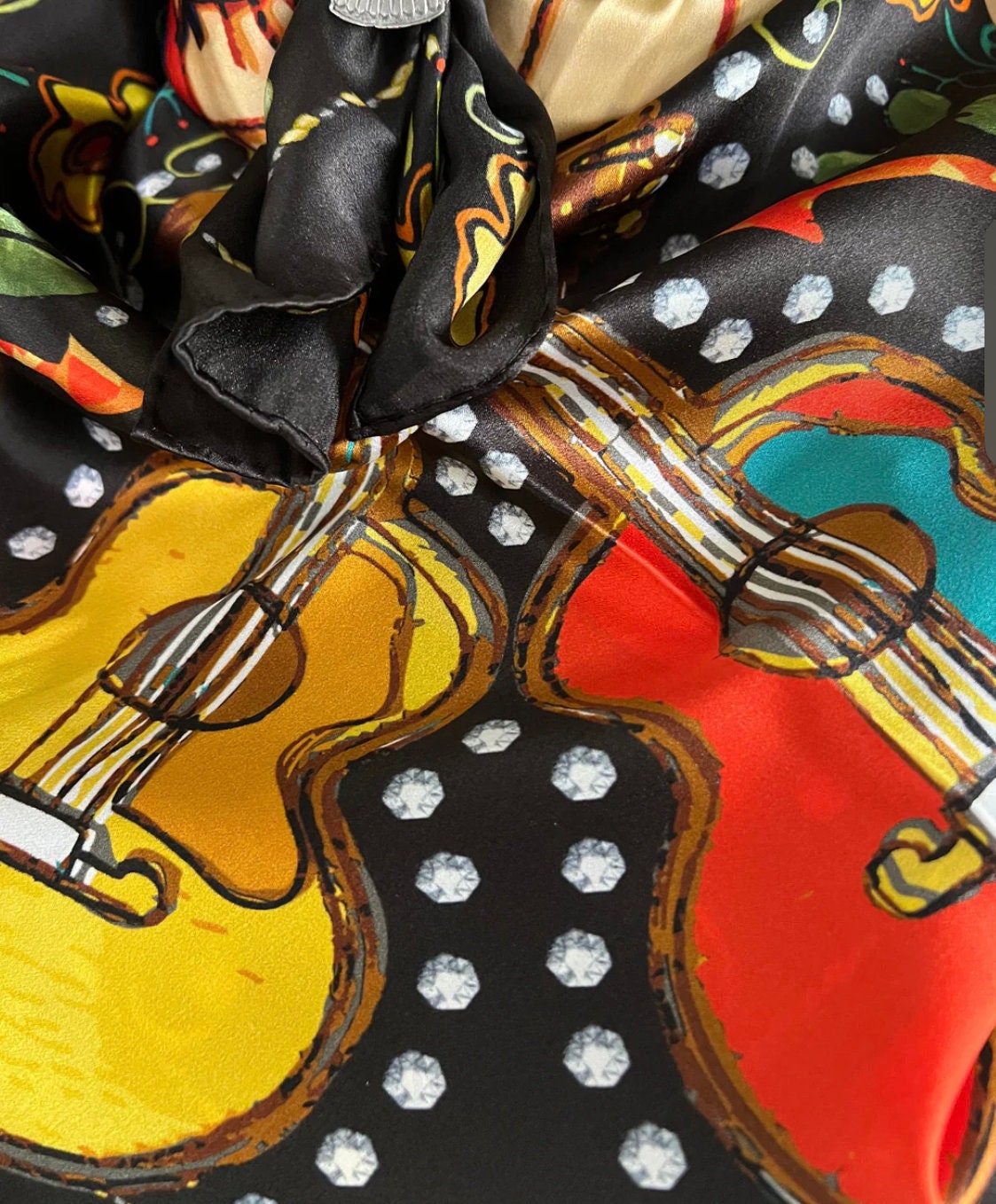 Silk Scarf Wild Rag Black Guitar
