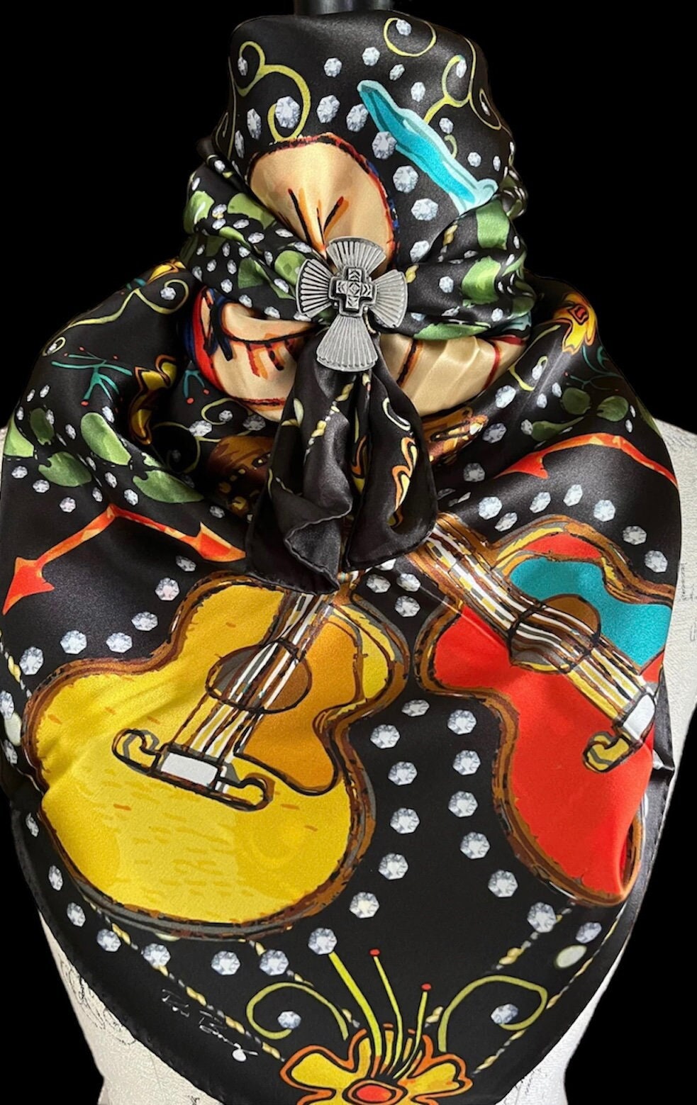 Silk Scarf Wild Rag Black Guitar