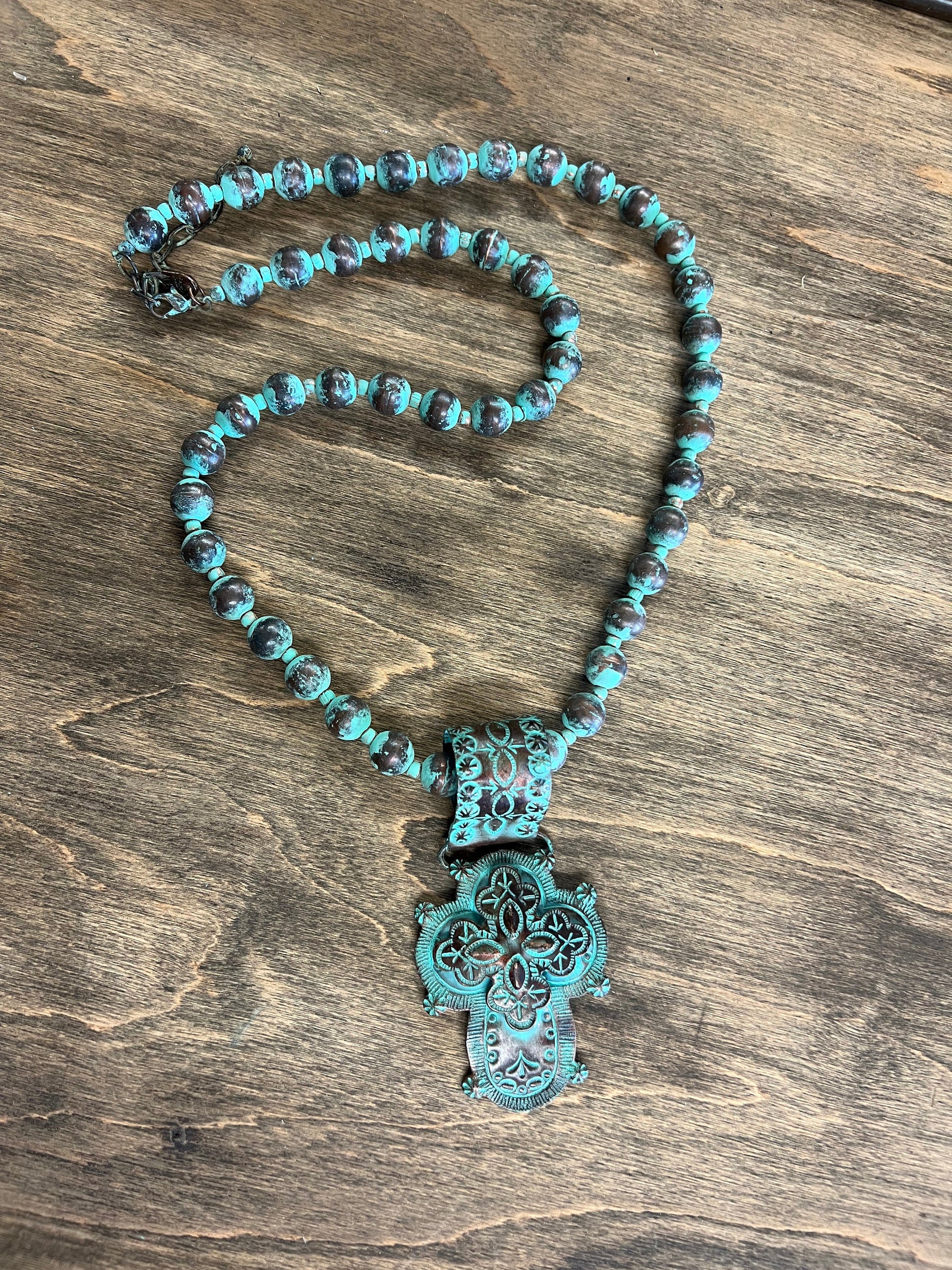 Patina Copper Beaded Cross Necklace