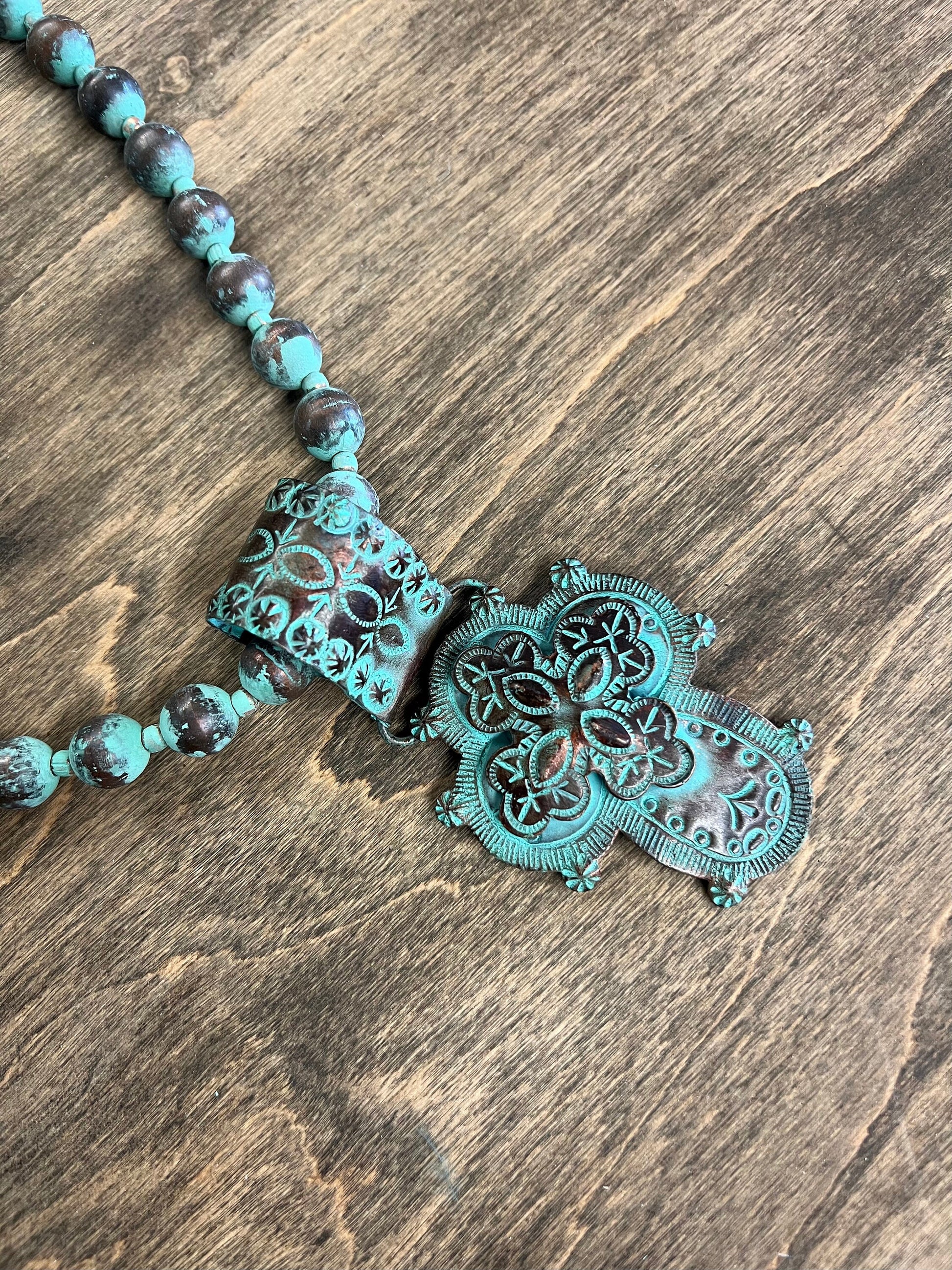 Patina Copper Beaded Cross Necklace