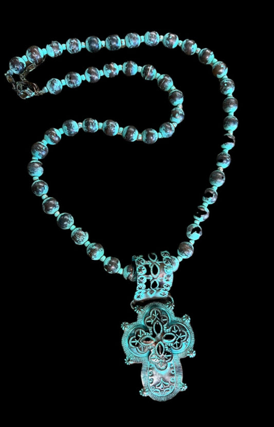 Patina Copper Beaded Cross Necklace