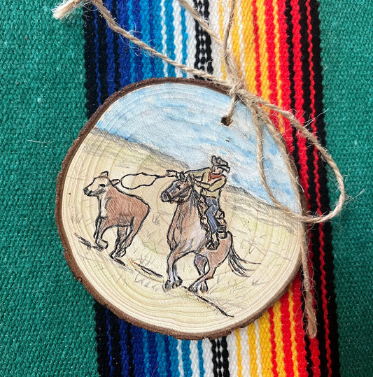 Hand Burned Ropin' Cowboy Wooden Ornament