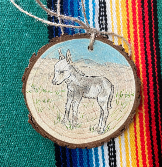 Hand Burned Donkey Ornament on Wood