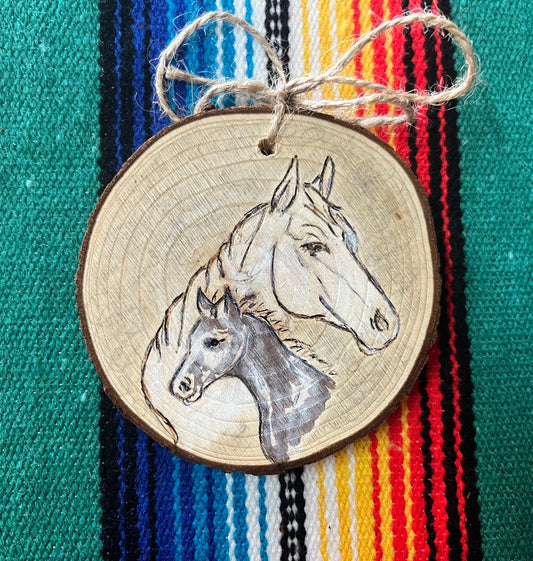Hand Burned Mare & Foal on Wood
