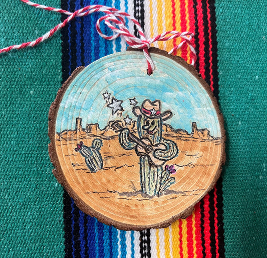 Hand Burned Guitar Saguaro Ornament on Wood