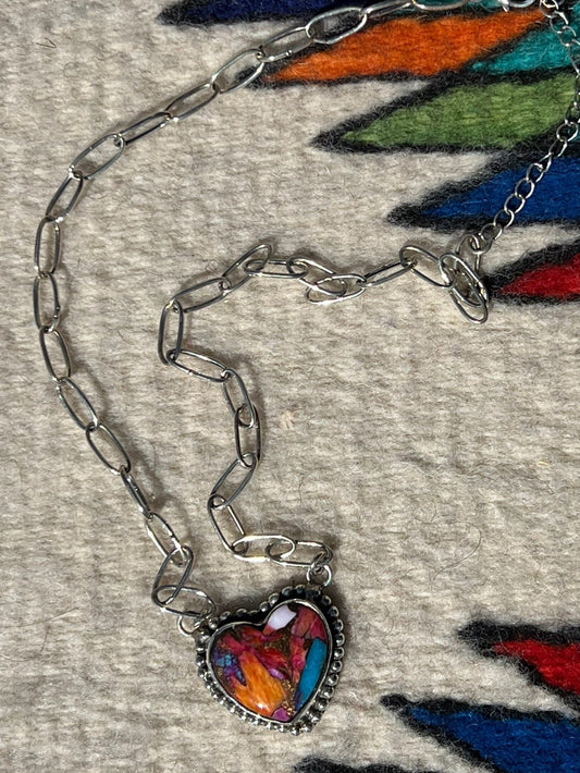 Navajo Turquoise & Spiny Oyster Heart Necklace