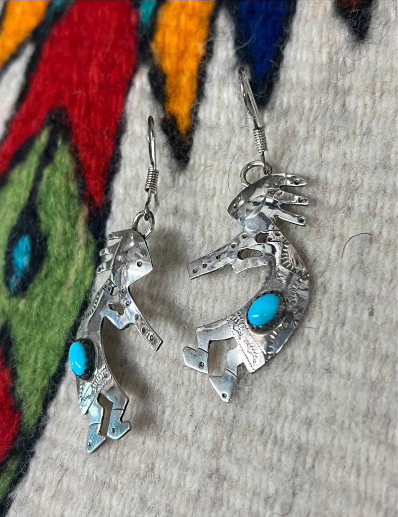 Sterling Silver & Turquoise Navajo Made Kokopelli Earrings