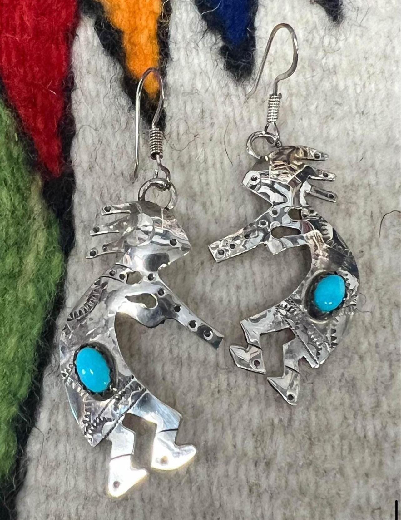 Sterling Silver & Turquoise Navajo Made Kokopelli Earrings