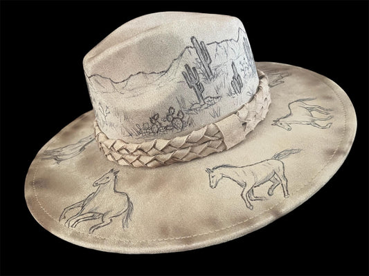 Wild Mustangs Burned Felt Fedora Hat