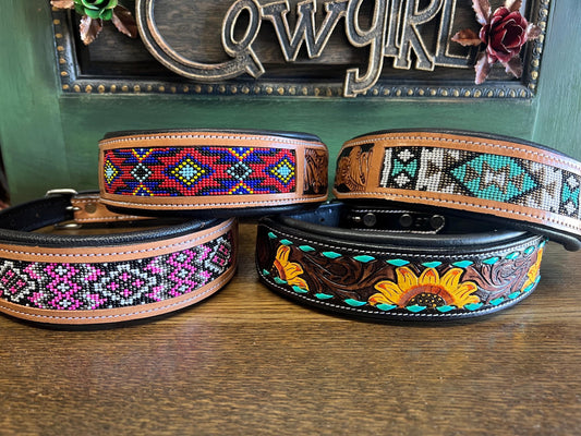 Hand Tooled Leather & Beaded Dog Collars