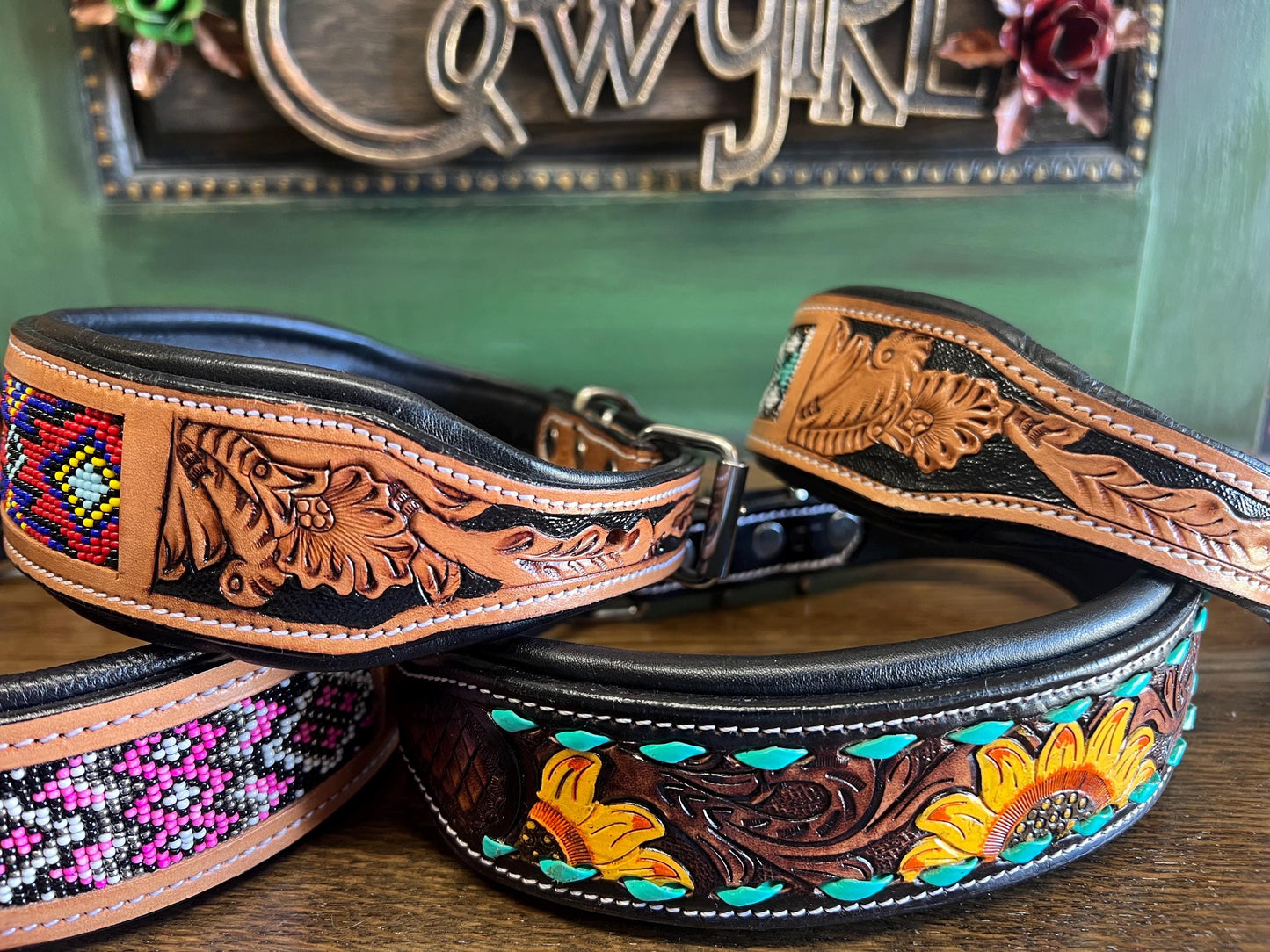 Hand Tooled Leather & Beaded Dog Collars