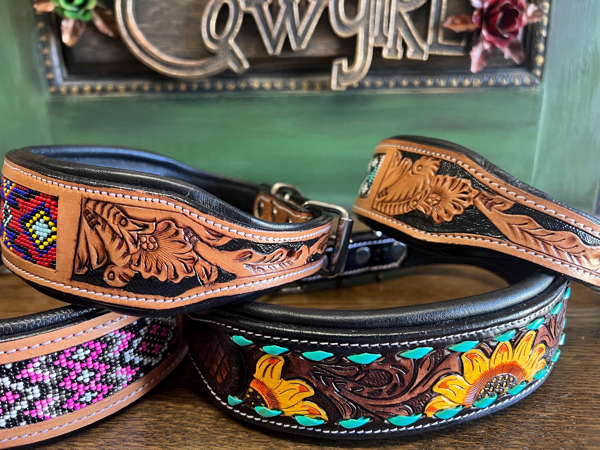 Hand Tooled Leather & Beaded Dog Collars