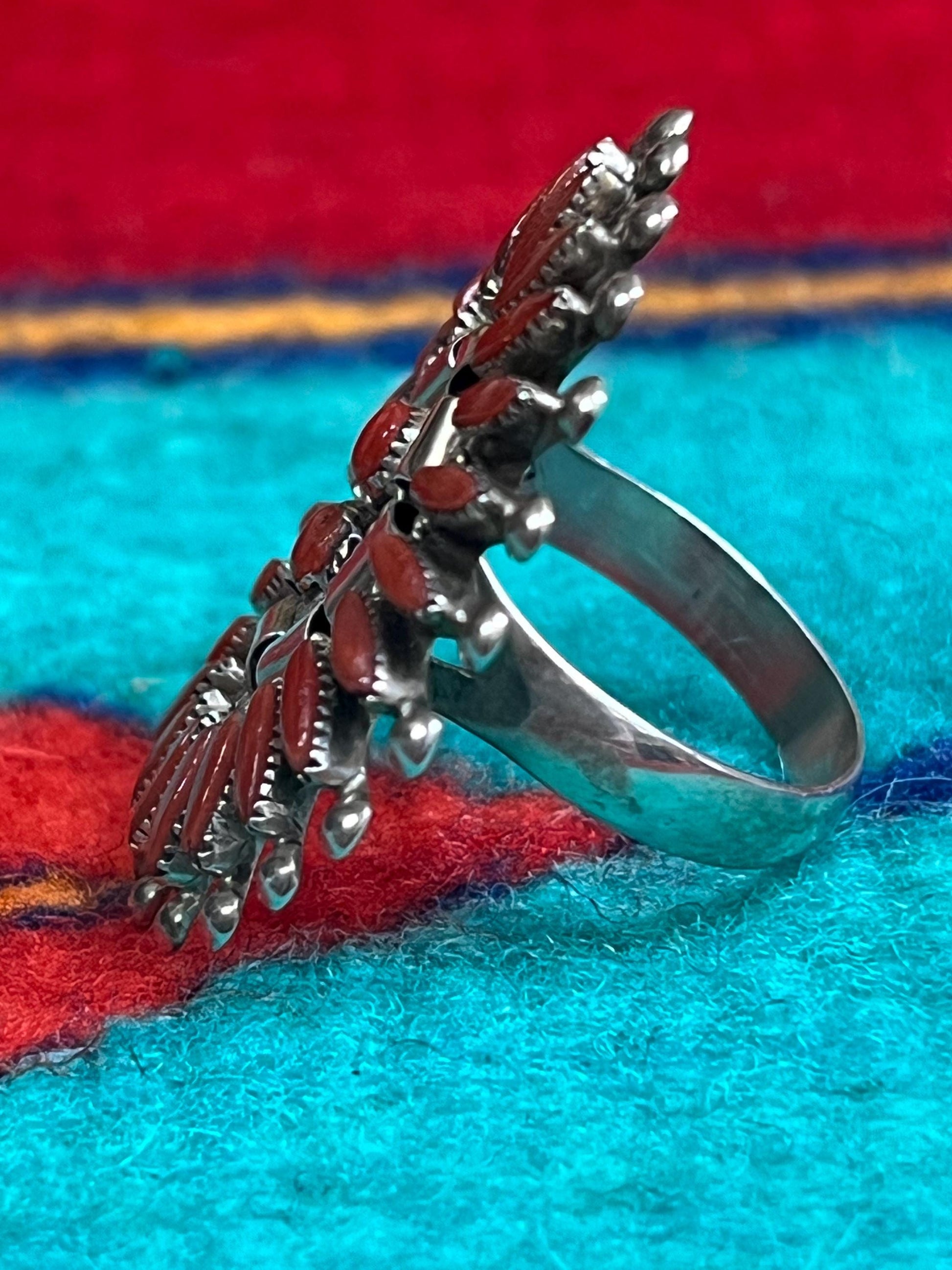 Zuni Coral Needlepoint Ring size 9