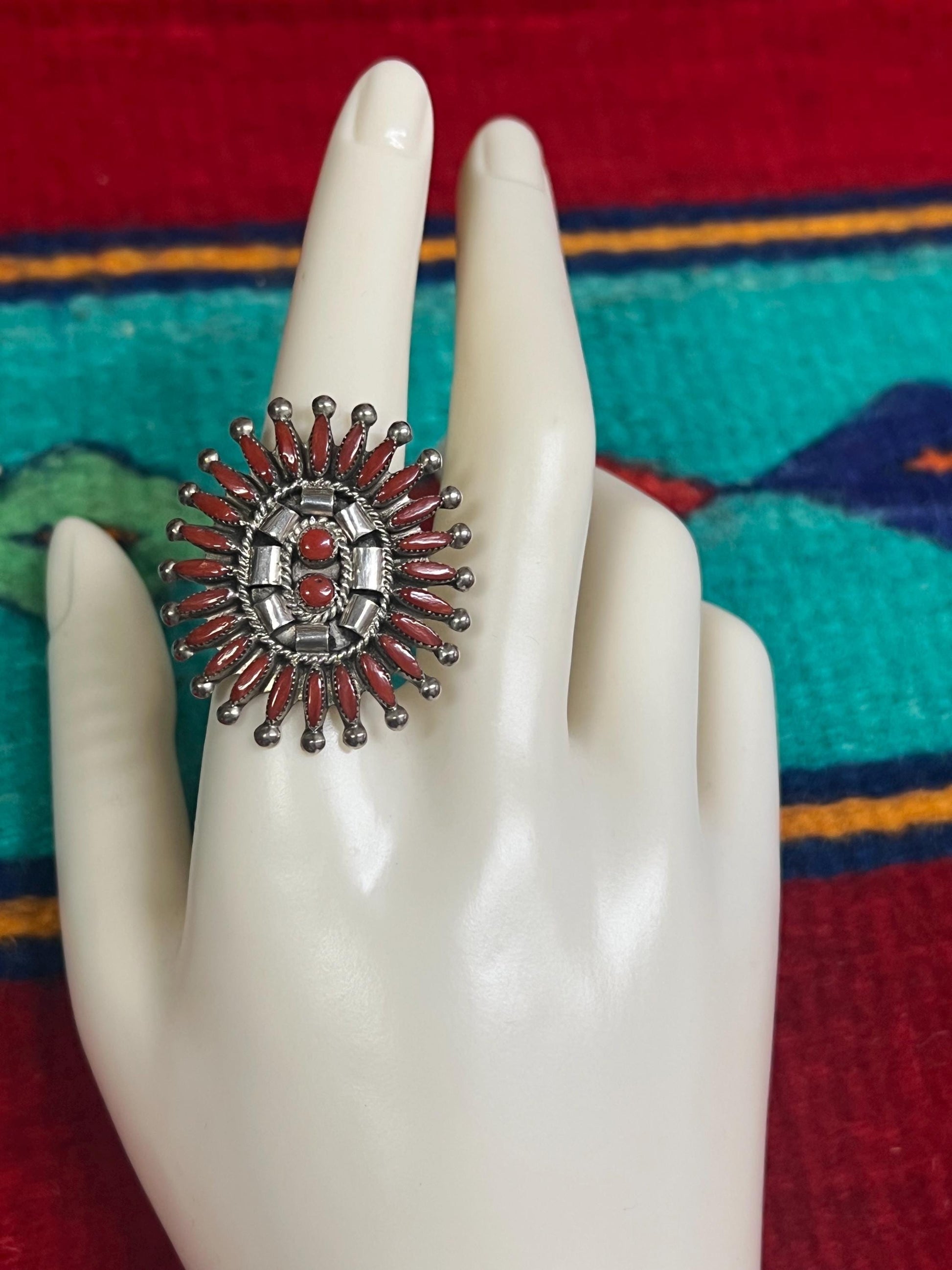 Zuni Coral Needlepoint Ring size 9