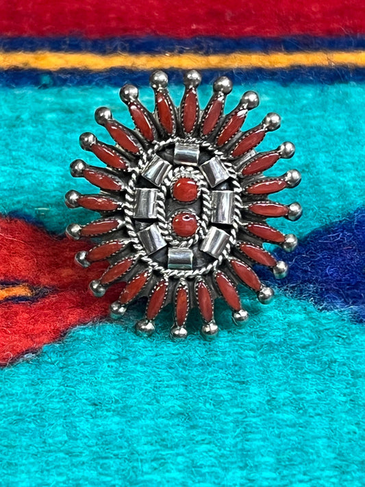 Zuni Coral Needlepoint Ring size 9